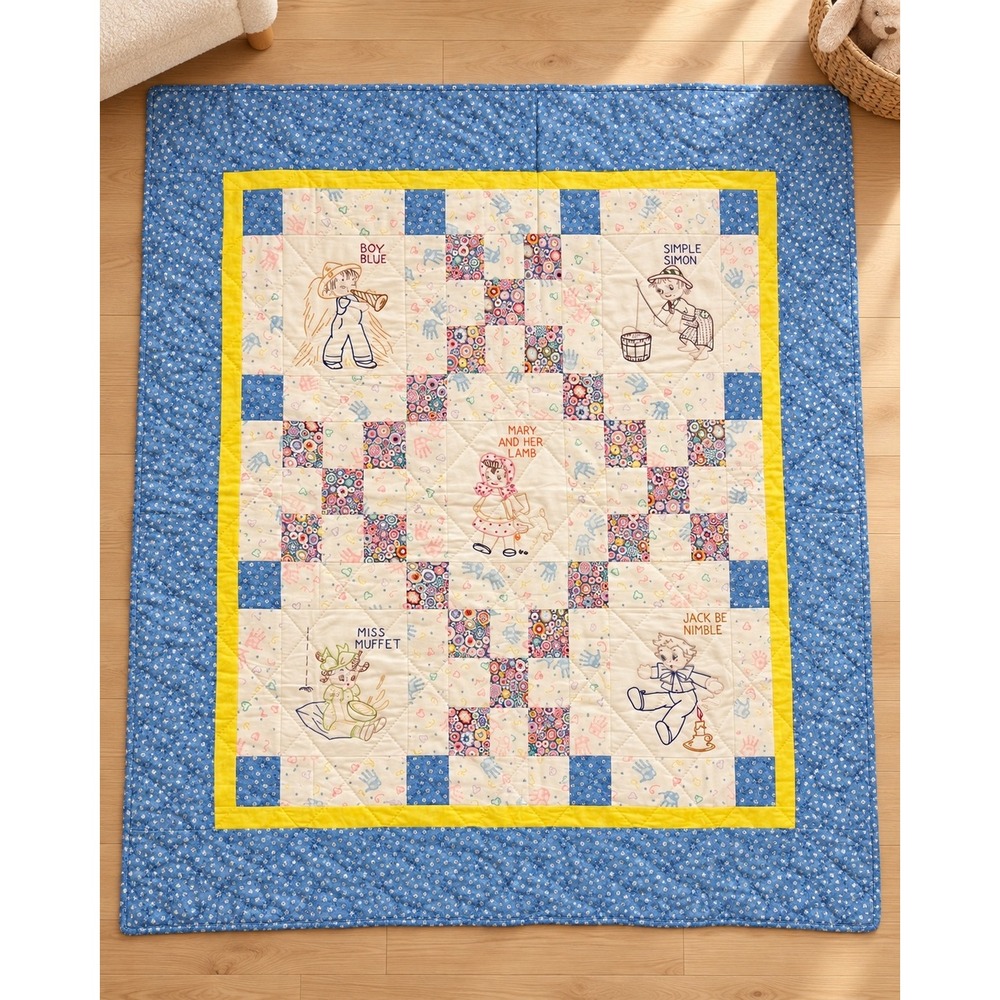 Handmade Nursery Rhyme Crib Quilt Blue Yellow Patchwork 48x52